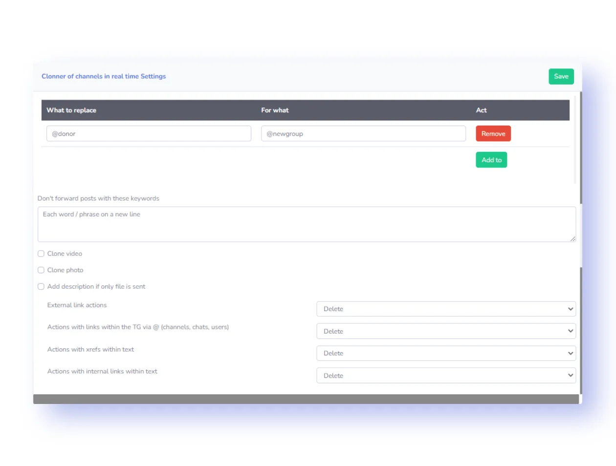 Real-time Telegram channel cloning interface with keyword filters and content replacement rules