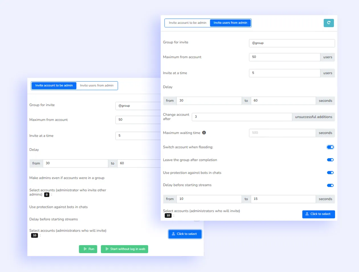 Telegram user inviting via admin panel with advanced settings in Telegram Prime