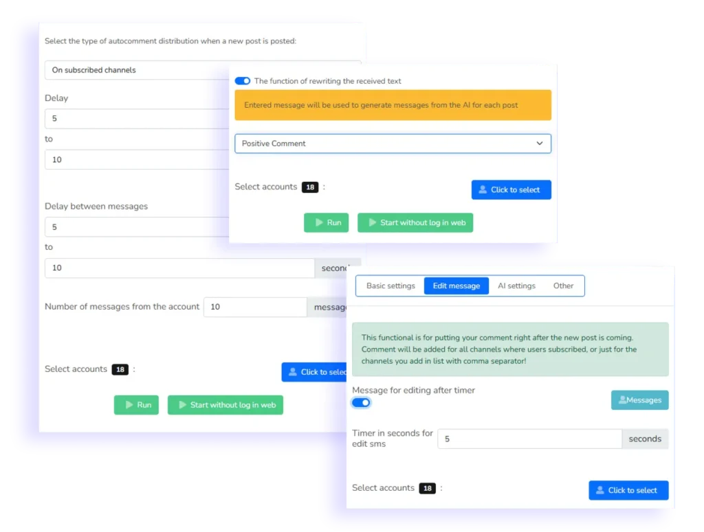 Screenshot of Telegram Prime neurocommenting settings with AI for promotion in Telegram