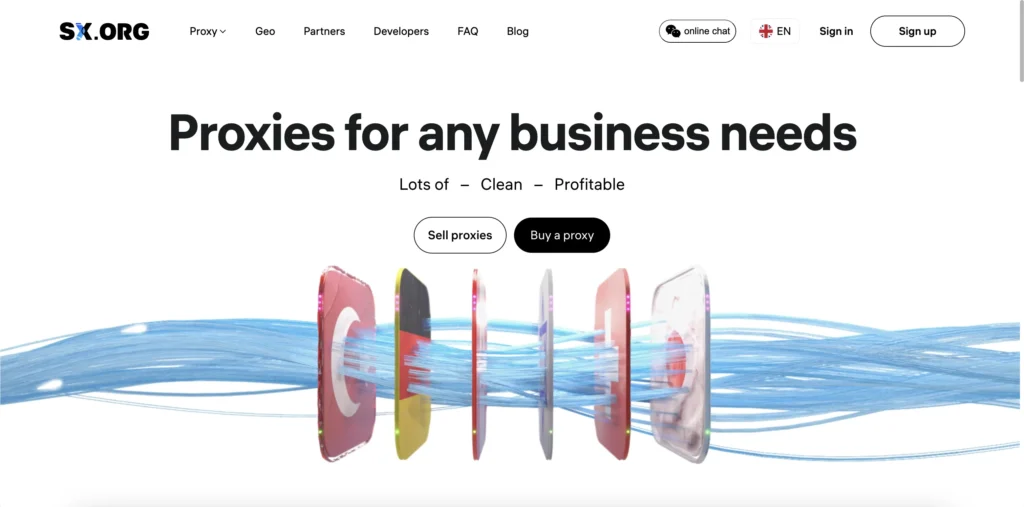 SX.ORG homepage — proxy marketplace for Telegram, TikTok, Facebook