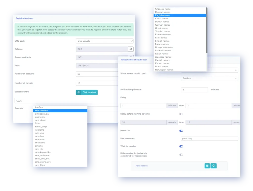 Telegram Prime auto-registration form with SMS bank and country selection