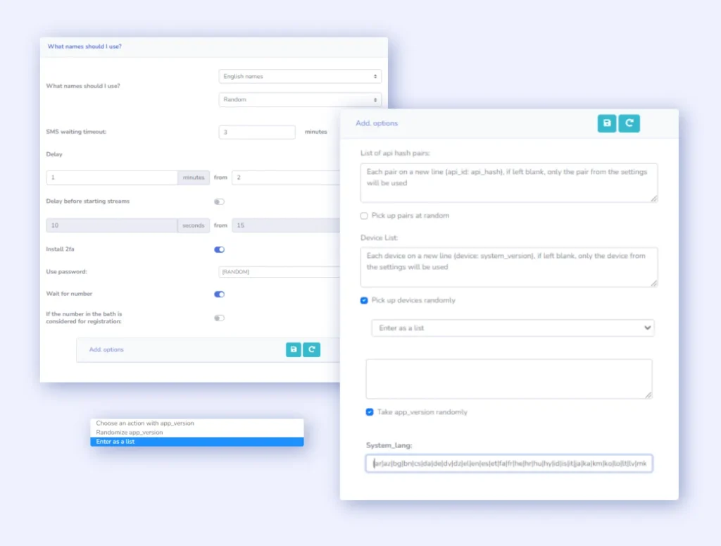 Telegram Prime advanced auto-registration settings — API, device, and app version