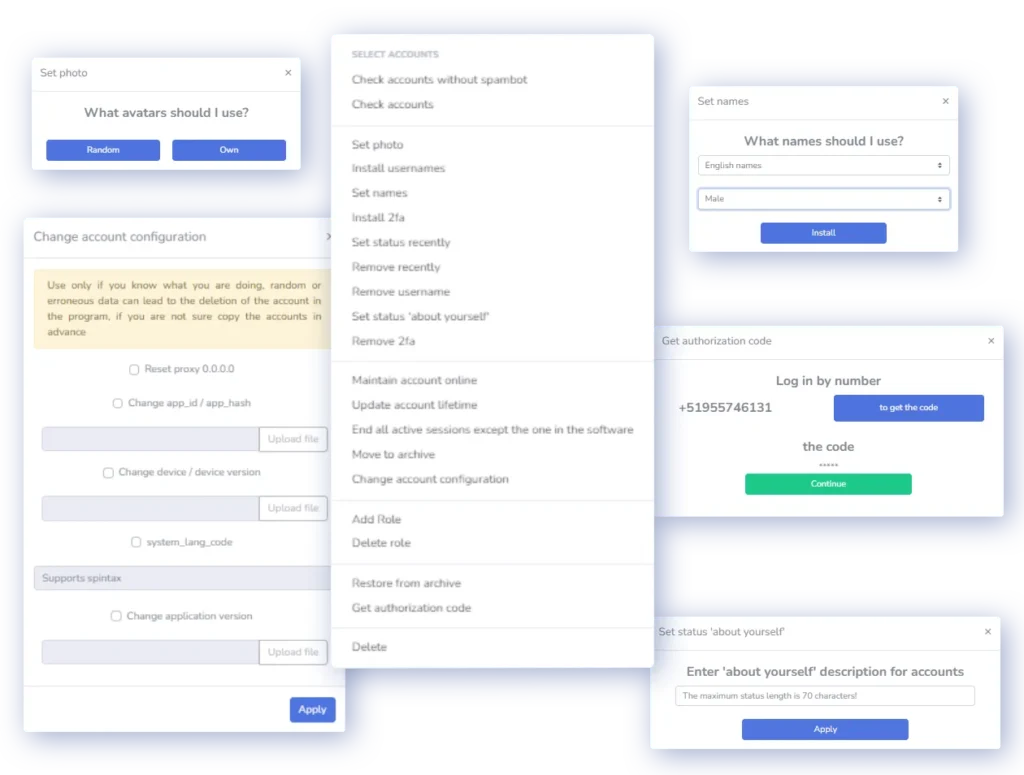 Telegram Prime account configuration — set name, avatar, 2FA, and status
