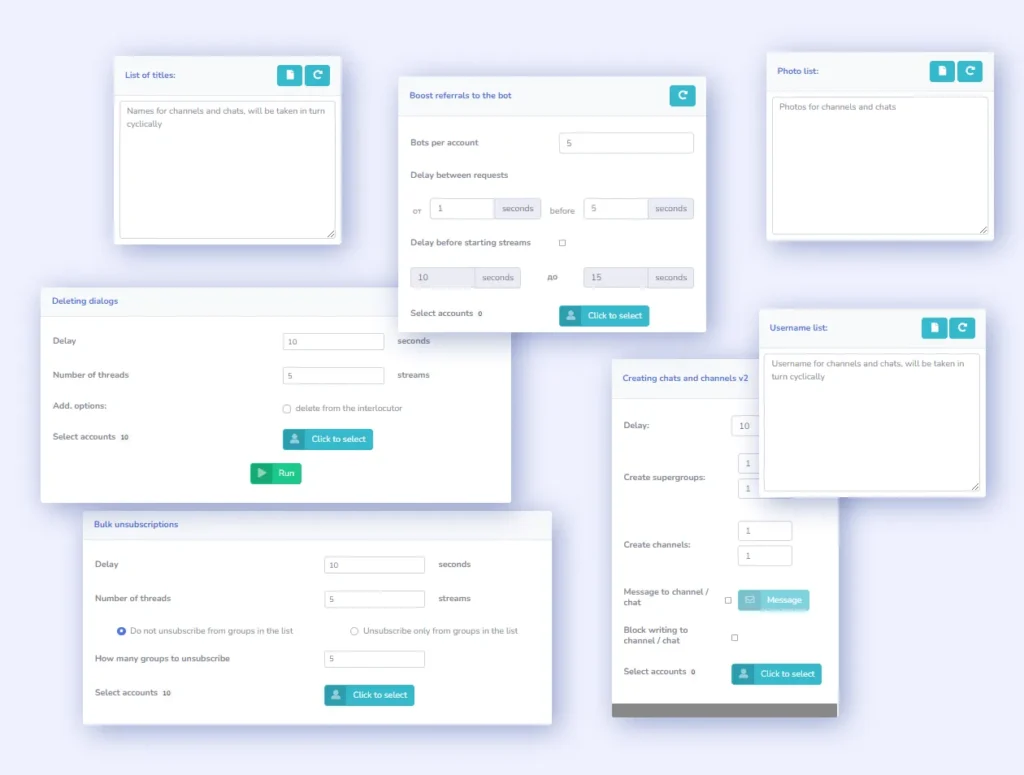 Telegram Prime account management settings — bulk deletion, chat creation, and avatar uploads