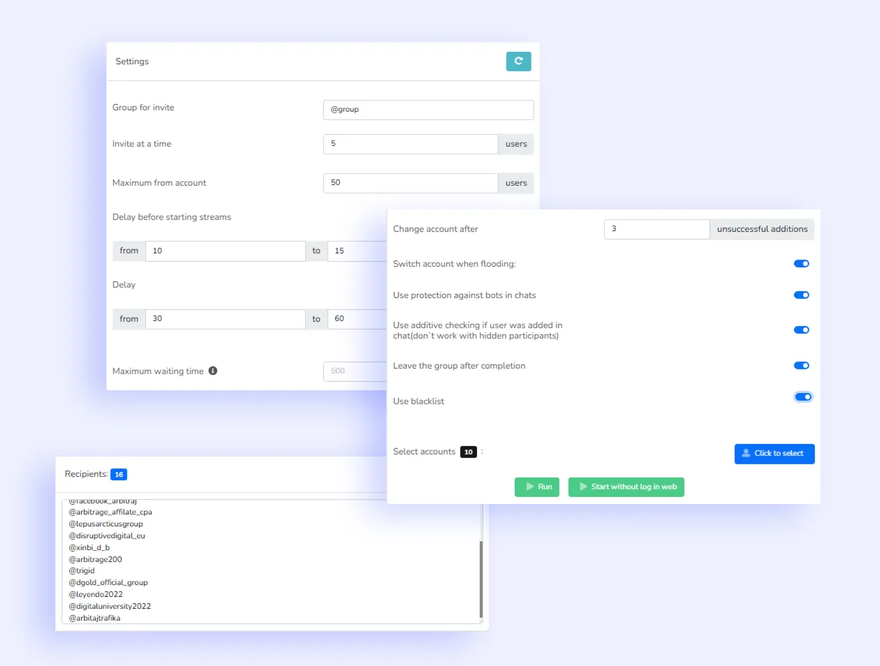 Classic Telegram chat inviting with limits and delays setup in Telegram Prime