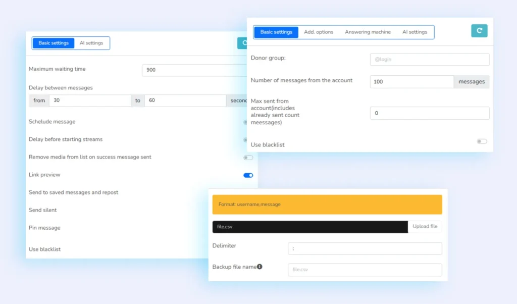 Spammer settings in Telegram Prime — automatic mailing in TG with comments and AI-generation of messages