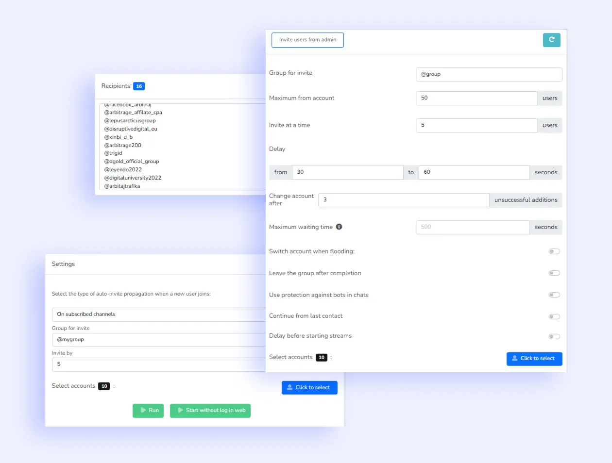 Contact inviting via admin panel in Telegram Prime with bot protection and resume from last contact