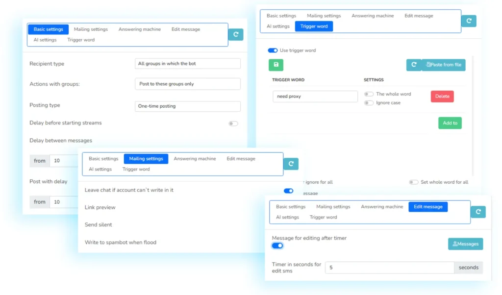 Telegram spammer settings for sending messages to chats with delays, autoresponder and filtering by keywords