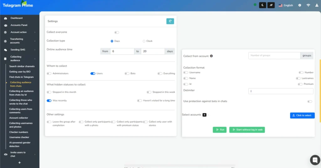 Telegram Prime chat and channel parser — audience collection by filters