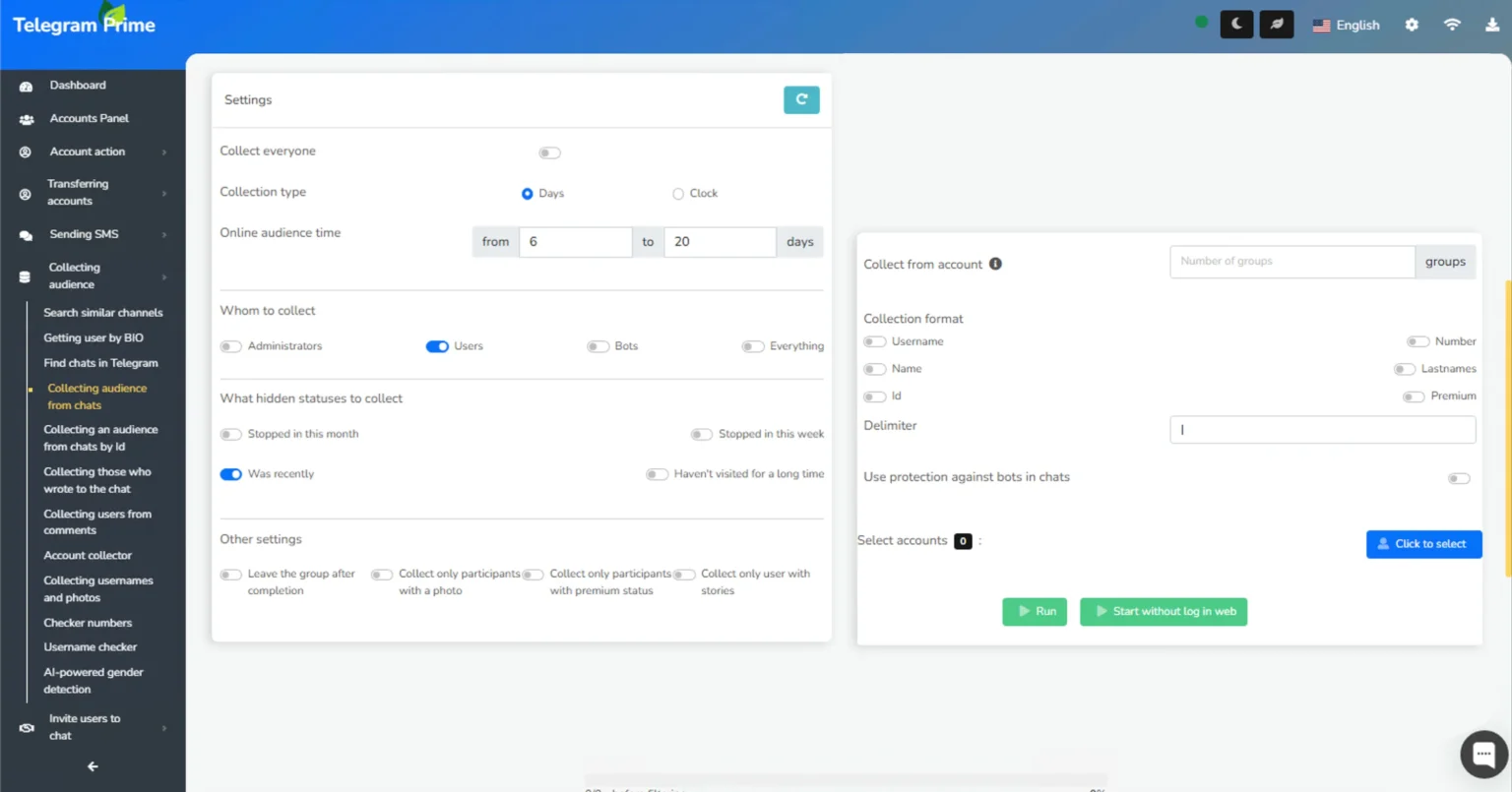Telegram Prime chat and channel parser — audience collection by filters