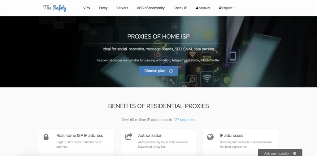 Homepage screenshot of The Safety proxy provider for Telegram and web parsing