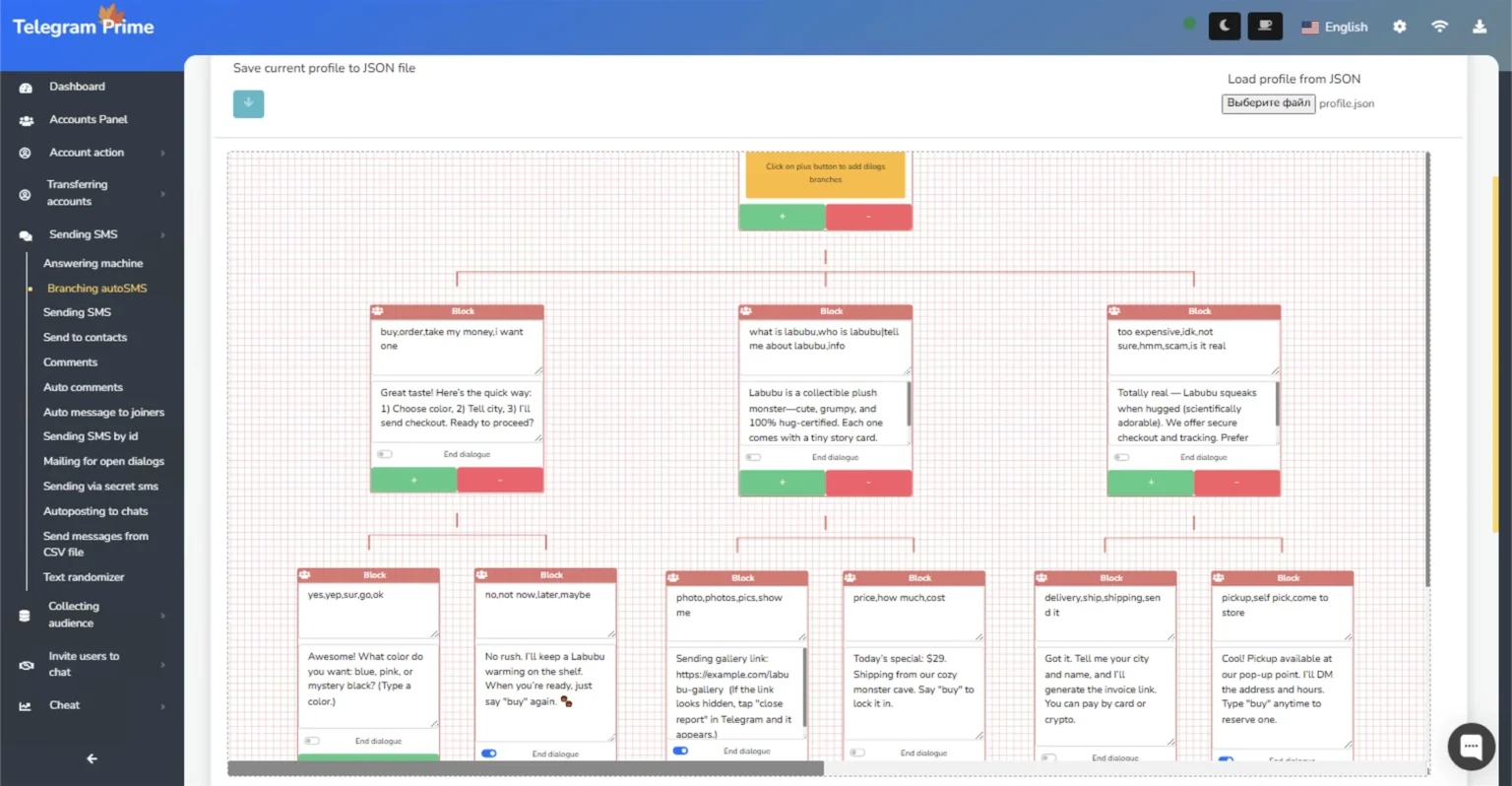 Branched answering machine in tg — setting up automatic dialogues in Telegram Prime