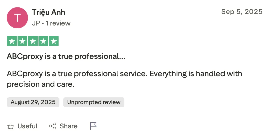 ABCproxy testimonial emphasizing professional service