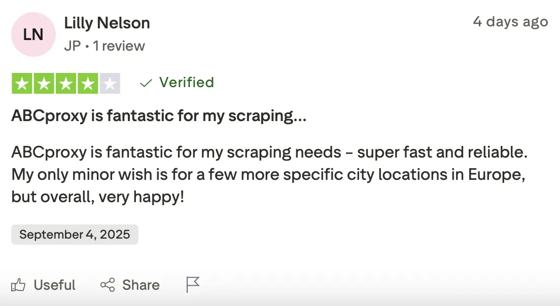 ABCproxy feedback about web scraping reliability in Europe