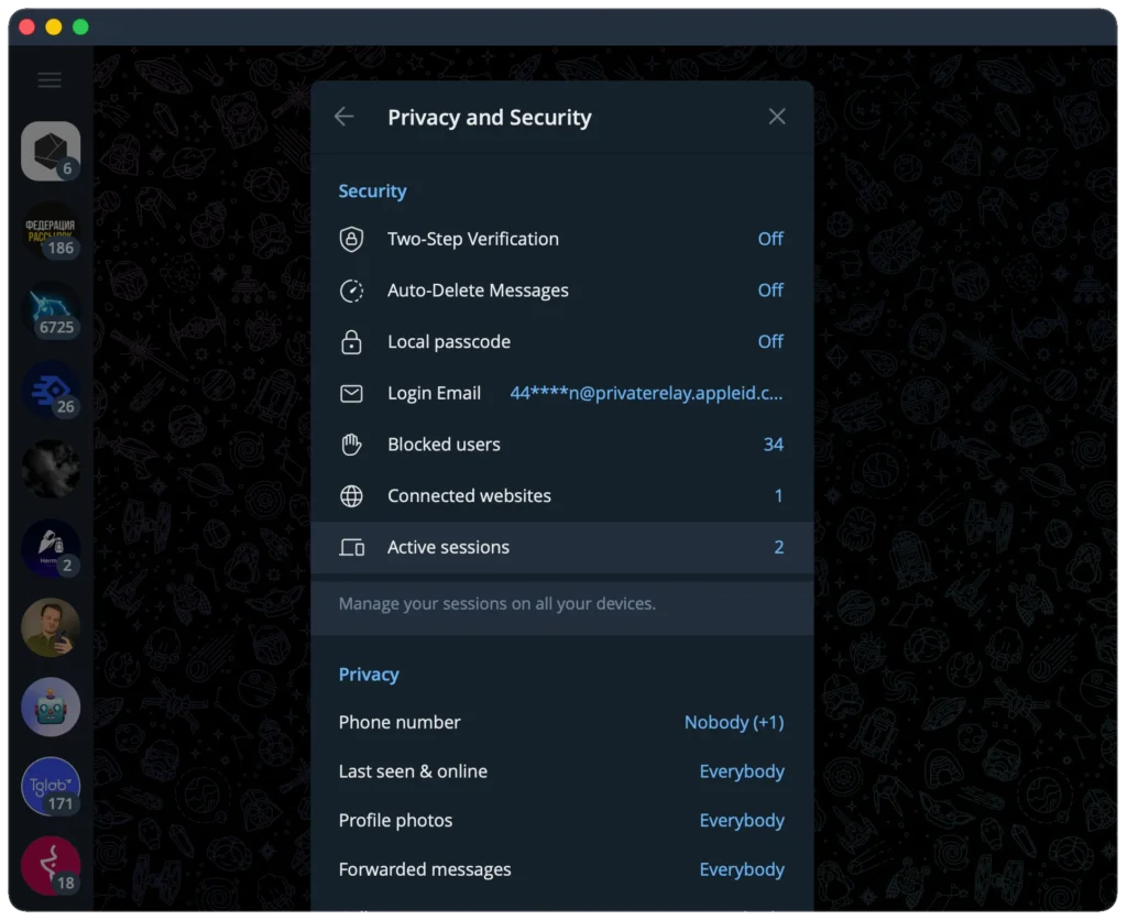 Telegram Active Sessions screen under Privacy and Security settings showing all connected devices