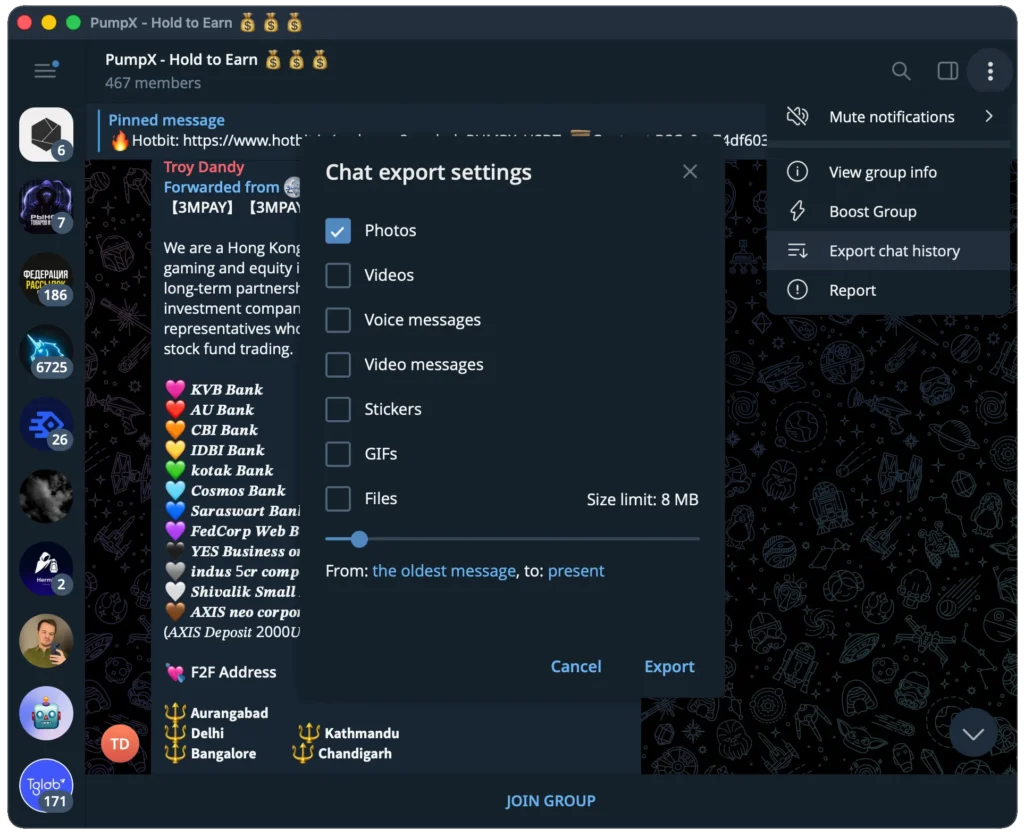 Telegram Desktop Export Chat History menu path: Chat - Settings - Export Chat History