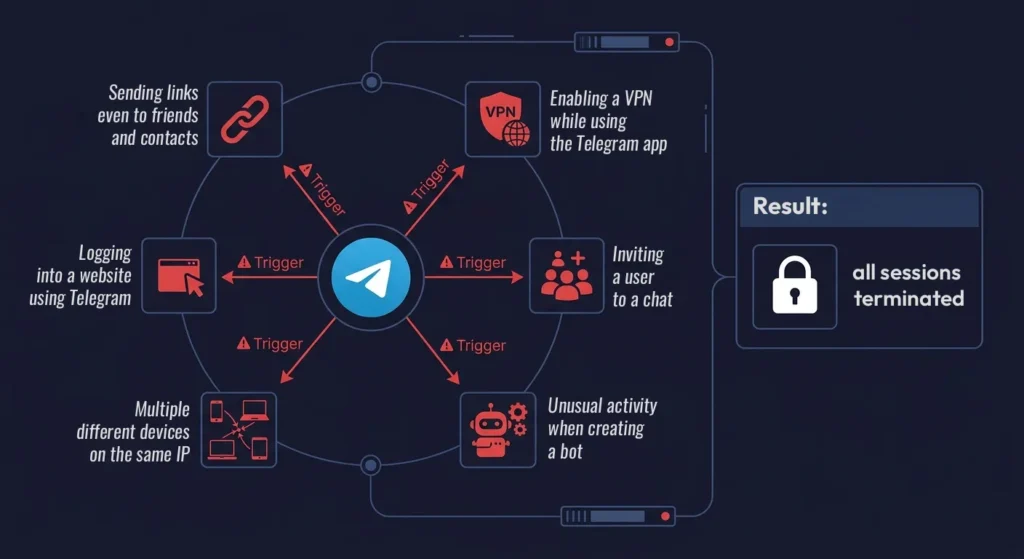 Diagram showing which user actions trigger Telegram's AI filter and cause forced logout from all devices