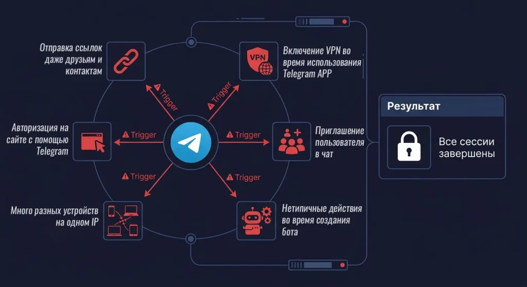 Схема действий, которые триггерят принудительный сброс сессий в Telegram